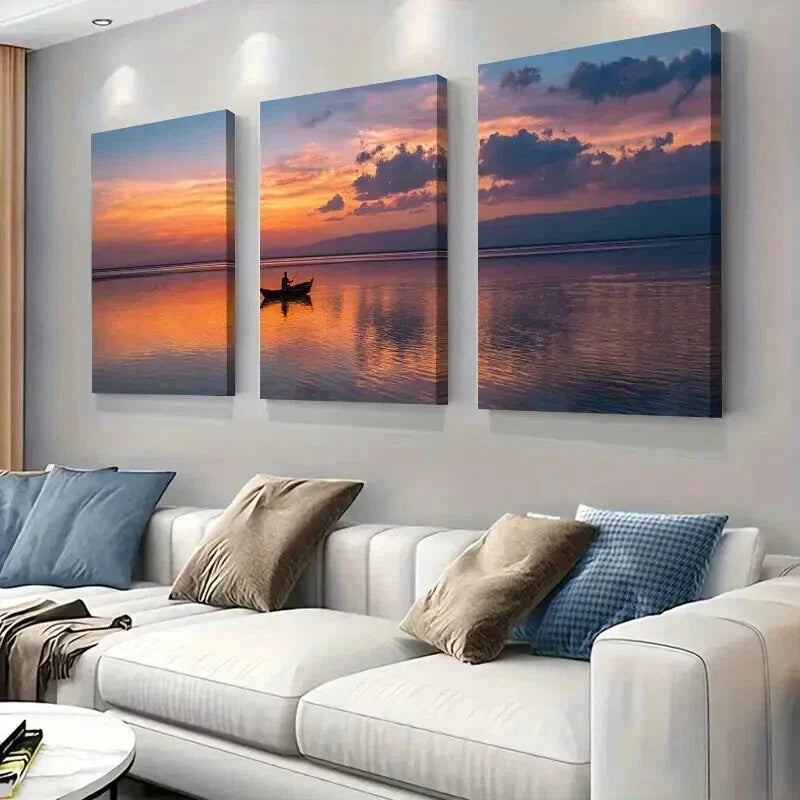 3pcs Tranquil Sunset & Boat on a Lake Prints Wall Art Set Canvas Framed 40x60cm - High Quality Print 100% Australian Made Wall Canvas Ready to Hang