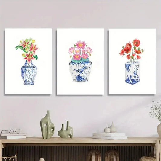 3pcs flowers in chinoiserie vase, watercolor Metal Print Ready to Hang Art