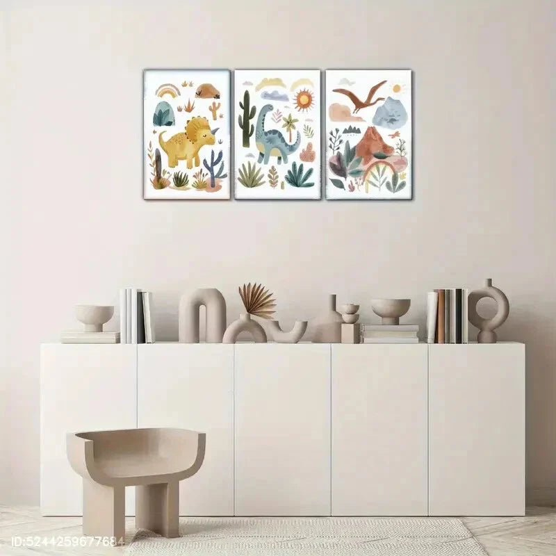 3pcs Triceratops Pterosaur Brontosaurus Cactus Metal Print Ready to Hang Art