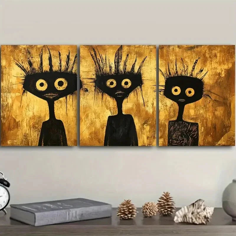 3pcs A Black And Golden Abstract Portrait Wall Art Set Canvas Framed 40x60cm - High Quality Print 100% Australian Made Wall Canvas Ready to Hang