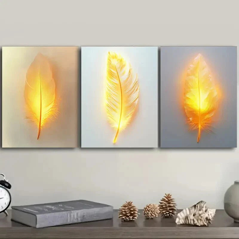 3pcs Feathers that glow Wall Art Set Canvas Framed 40x60cm - High Quality Print 100% Australian Made Wall Canvas Ready to Hang