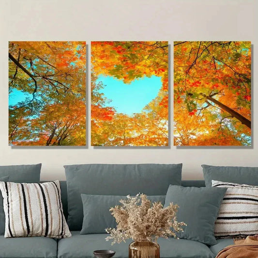 3pcs Heart Shaped Autumn Forest Trees Metal Print Ready to Hang Art