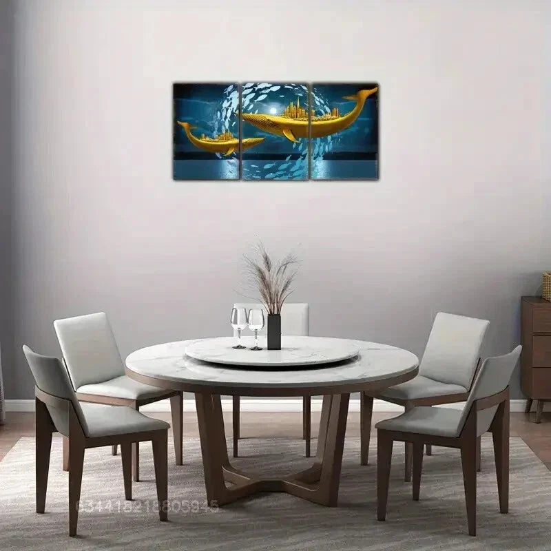3pcs Golden Fishing Boat & School of Fish, Metal Print Ready to Hang Art