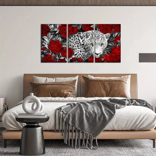 3pcs White Red Leopard with Yellow Eyes Metal Print Ready to Hang Art