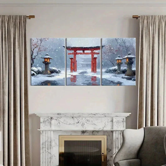 3pcs Snowy Winter Wonderland with Red Lanterns Metal Print Ready to Hang Art