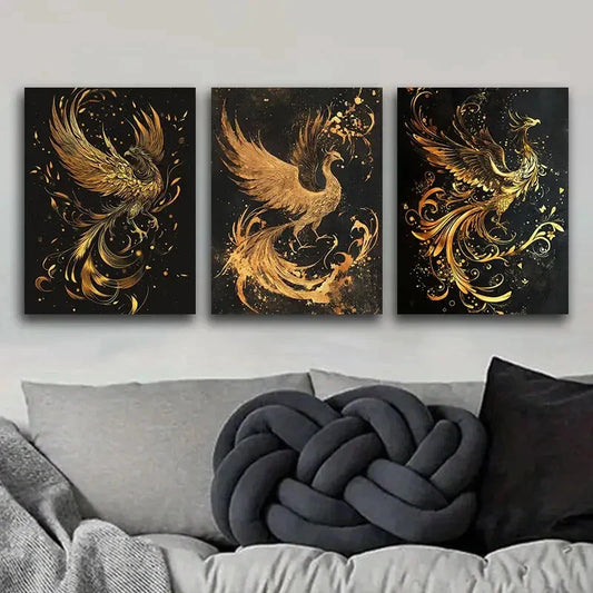 3pcs The black and gold phoenix Metal Print Ready to Hang Art