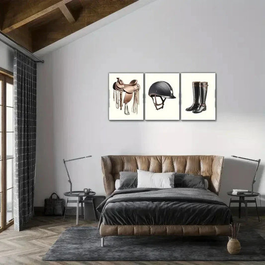 3pcs Saddle Boots and Hat Illustrations Metal Print Ready to Hang Art