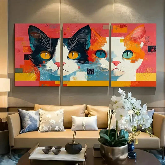 3pcs Vibrant Cat Abstract Design Metal Print Ready to Hang Art