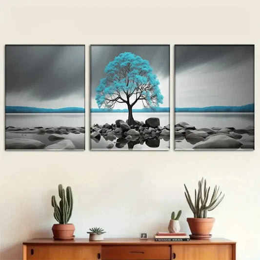 3pcs Mesmerizing Blue Tree Landscape Metal Print Ready to Hang Art