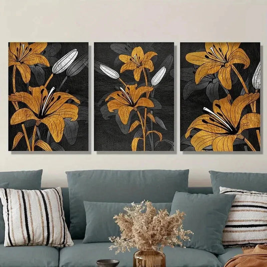 3pcs Golden Lily Modern Luxury Floral Metal Print Ready to Hang Art