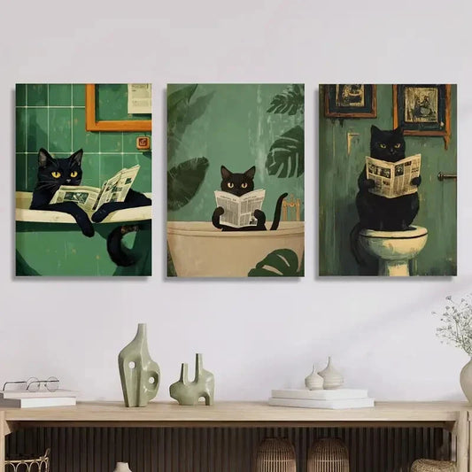 3pcs ,Art Deco Black Cat Metal Print Ready to Hang Art
