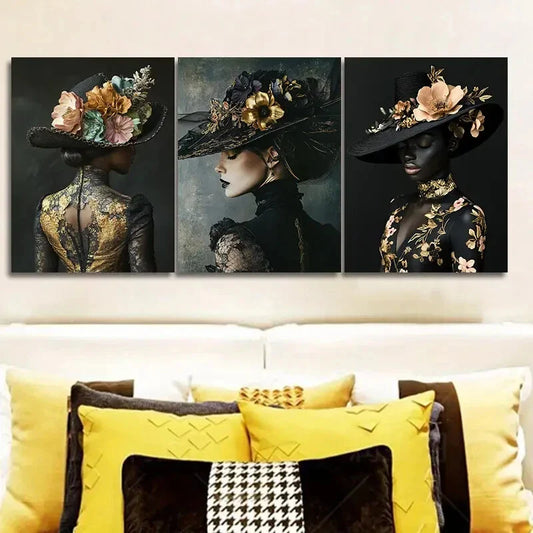 3pcs Floral Hat Girl Painting, Metal Print Ready to Hang Art