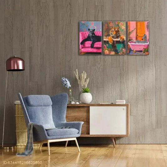 3pcs Black Panther on Pink Sofa Bright Color Metal Print Ready to Hang Art
