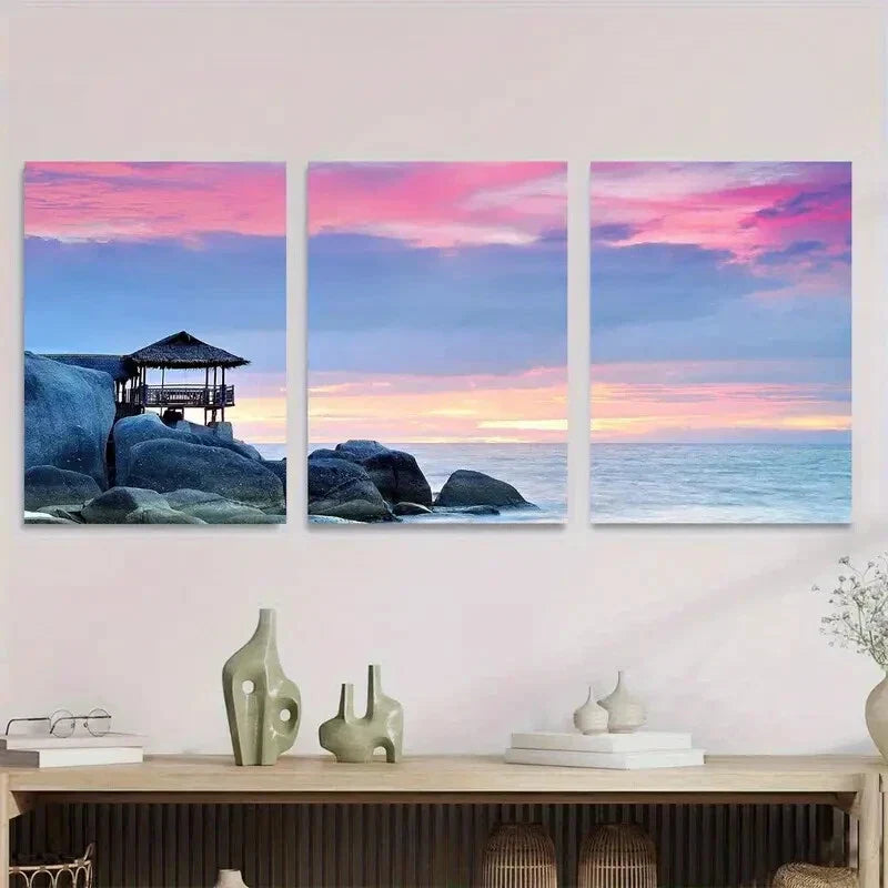 3pcs Coastal Sunset Triptych Beach Hut & Ocean Metal Print Ready to Hang Art