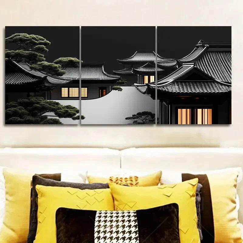 3pcs Ancient Architecture Art Painting Metal Print Ready to Hang Art