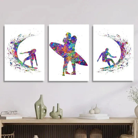 3pcs Vibrant Surfing Couple Design Metal Print Ready to Hang Art