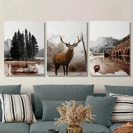 3pcs Mountain Lake And a Stag, Metal Print Ready to Hang Art