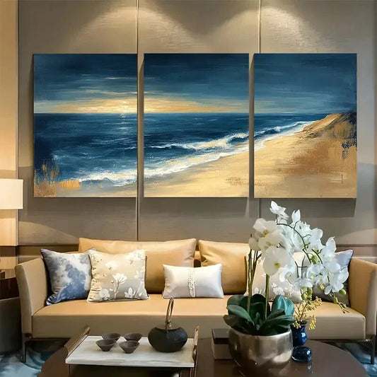 3pcs Minimalist Zen Seascape with Sunset & Waves Metal Print Ready to Hang Art