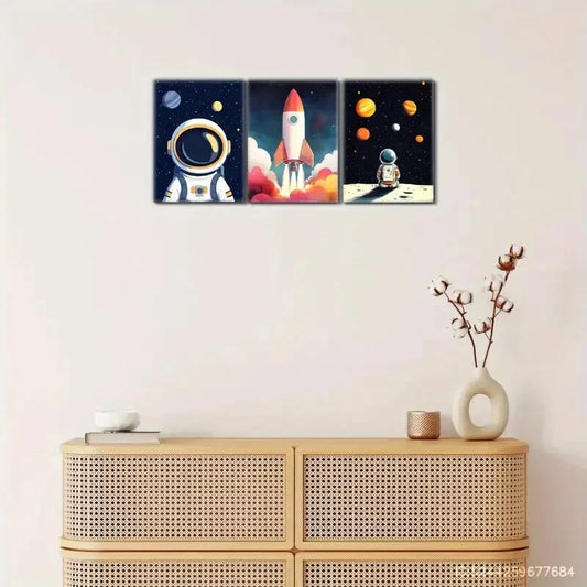 3pcs Astronaut Rocket Space Planet Simple Metal Print Ready to Hang Art