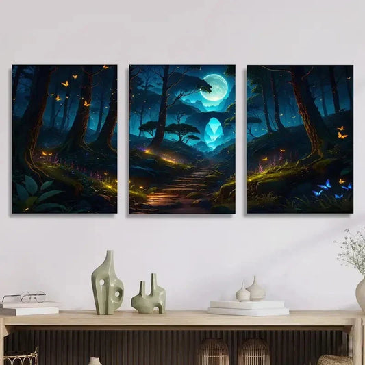 3pcs Magic forest, moon, butterflies, flowers Metal Print Ready to Hang Art