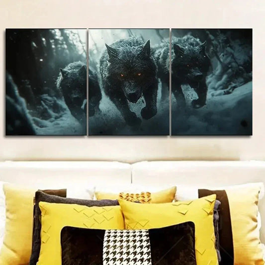 3pcs Fierce Wolf pack Charging Wall Art Set Canvas Framed 40x60cm - High Quality Print 100% Australian Made Wall Canvas Ready to Hang