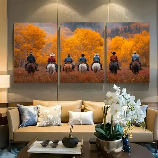 3pcs Autumn Cowboy Riders in Fall Metal Print Ready to Hang Art