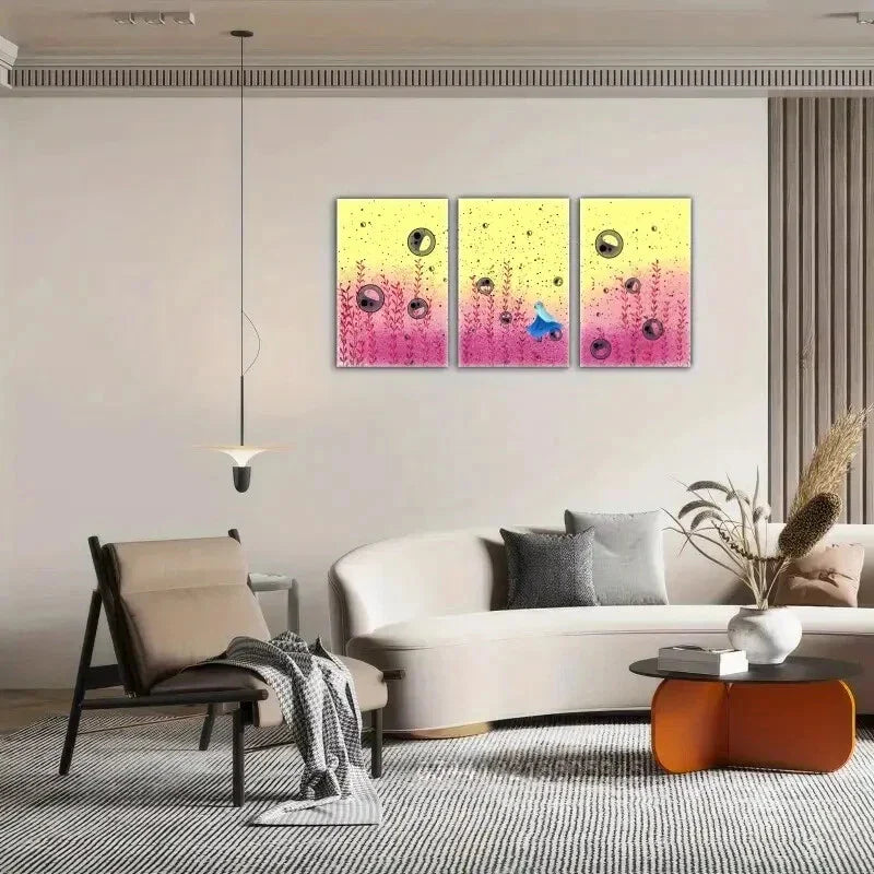 3pcs People playing bubbles, lawn, blue sky Metal Print Ready to Hang Art