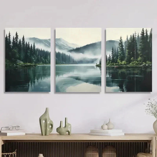 3pcs Quiet Pine Forest Lake Metal Print Ready to Hang Art