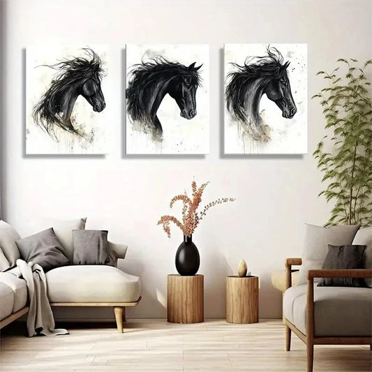 3pcs Black Horse Portrait Canvas Painting Metal Print Ready to Hang Art