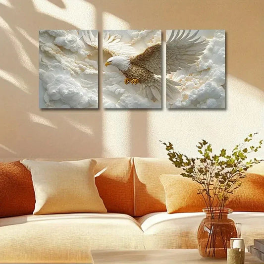3pcs Embossed Eagle with Golden Wings Cloud Design Metal Print Ready to Hang Art