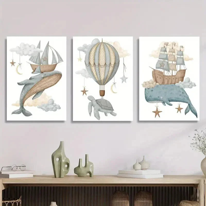 3pcs Flying Whale, Turtle & Sailing Ship with Hot Metal Print Ready to Hang Art