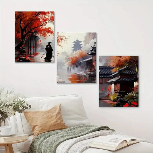 3pcs Vibrant Autumn Scenes with Red Trees & Foggy Metal Print Ready to Hang Art