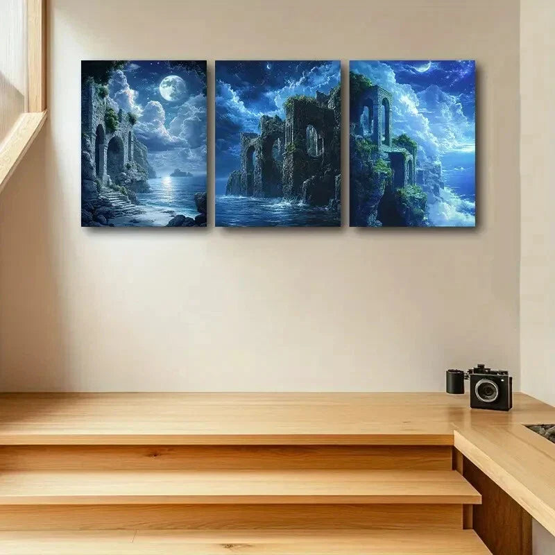 3pcs Seaside site with Moon View Design Metal Print Ready to Hang Art