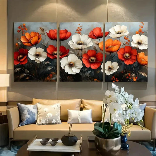 3pcs Featuring Red White and Orange Poppies Bloom Metal Print Ready to Hang Art