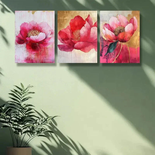 3pcs Pink peony flower Music Metal Print Ready to Hang Art
