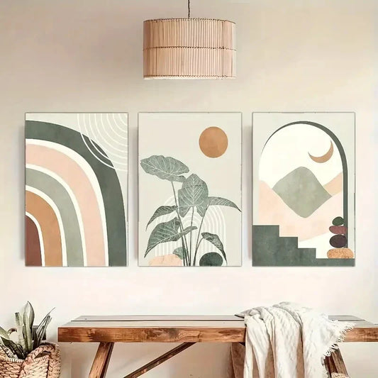 3pcs Geometry Sun Moon And Green Grass Poster Metal Print Ready to Hang Art