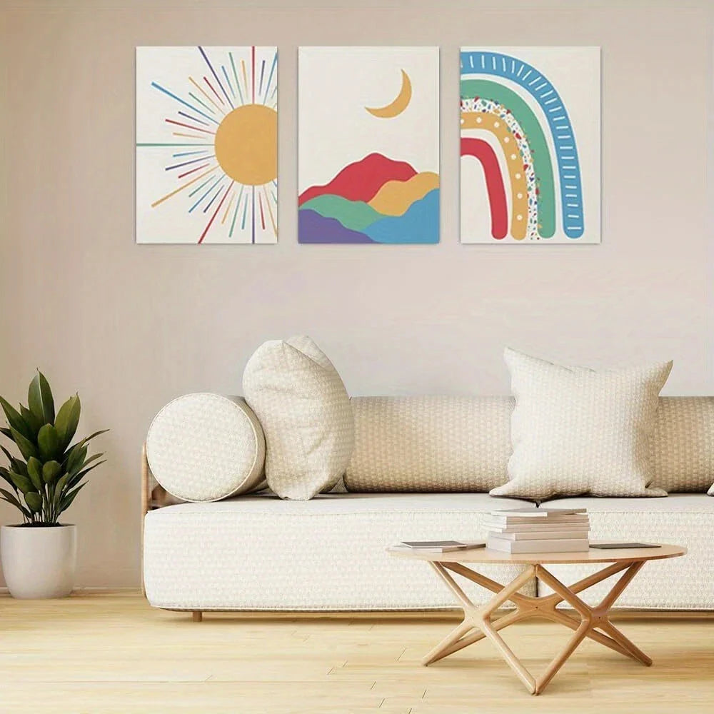 3pcs Colorful Sunrise Abstract Nature Mid Century Metal Print Ready to Hang Art