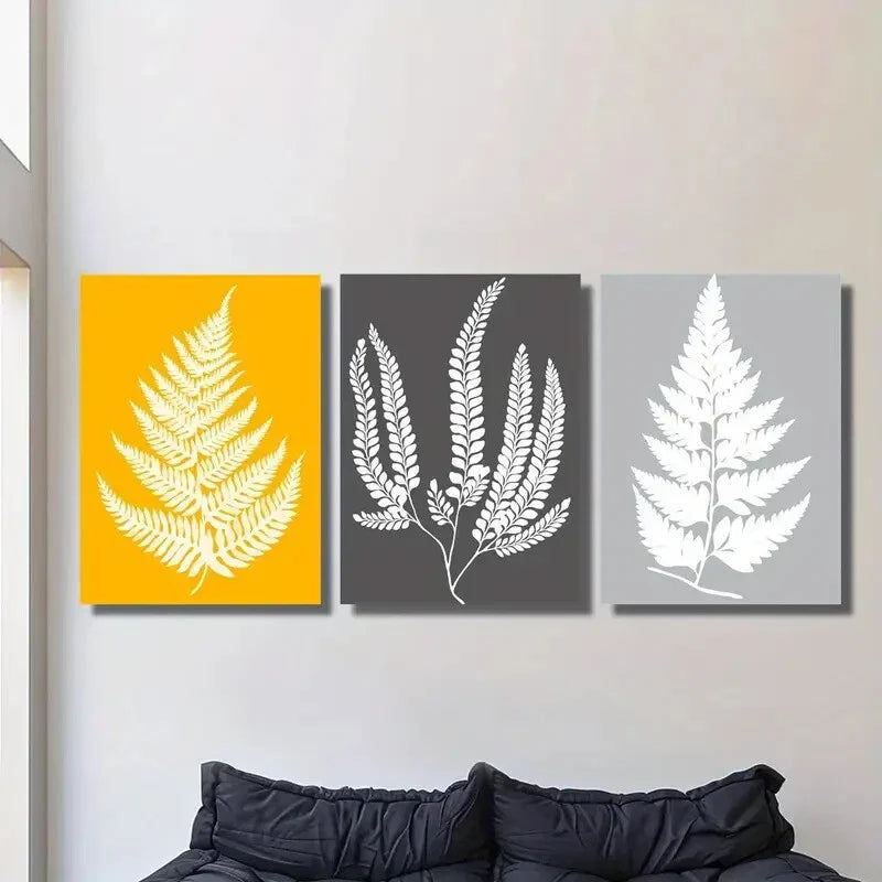 3pcs Yellow And Grey Leaves Print, Tropical Metal Print Ready to Hang Art