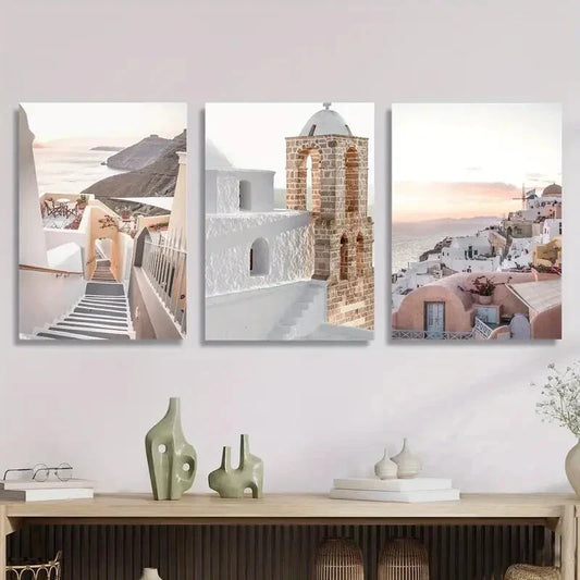 3pcs Santorini Beige Poster Architecture Metal Print Ready to Hang Art