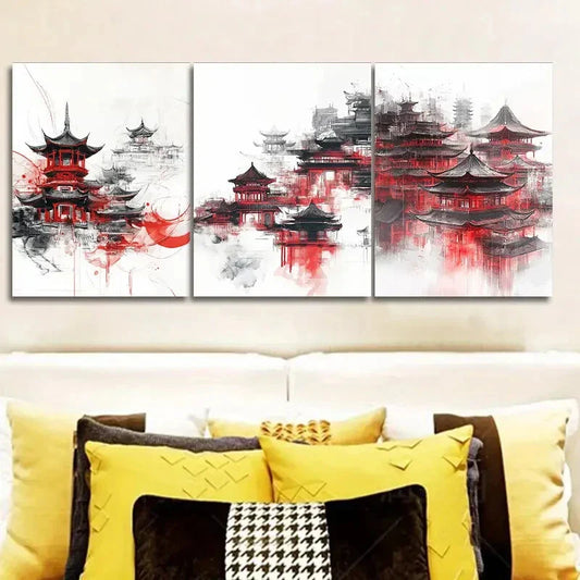 3pcs Traditional Chinese Architecture Wall Art Set Canvas Framed 40x60cm - High Quality Print 100% Australian Made Wall Canvas Ready to Hang