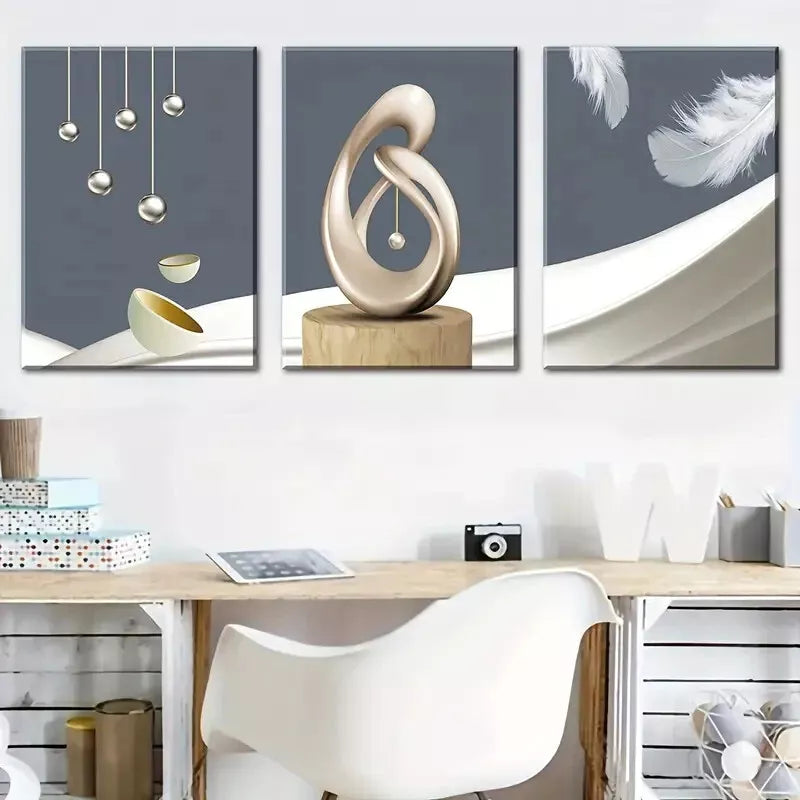 3pcs Simple modern abstract geometric sculpture Wall Art Set Canvas Framed 40x60cm - High Quality Print 100% Australian Made Wall Canvas Ready to Hang