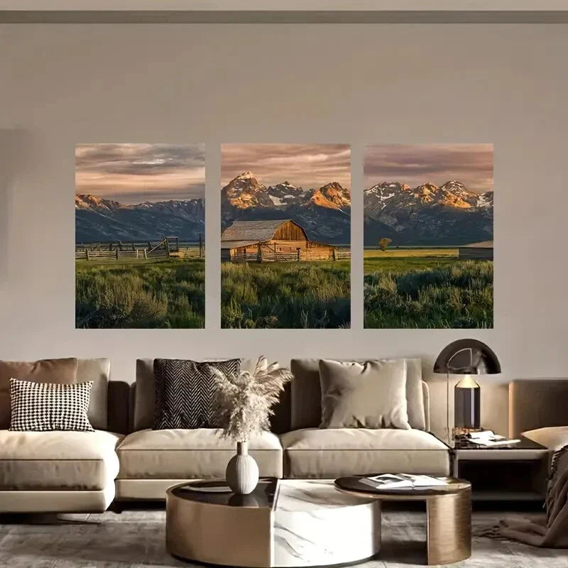 3pcs Mountain Cabin Landscape Metal Print Ready to Hang Art