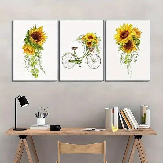 3pcs Sunflower and Bicycle Artwork Print Set Metal Print Ready to Hang Art