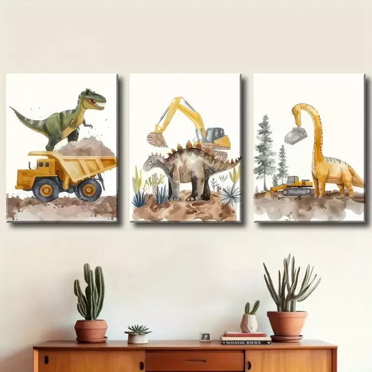 3pcs Dinosaur Construction And Excavation with Dump Trucks Canvas Framed 40x60cm - High Quality Print 100% Australian Made Wall Canvas Ready to Hang