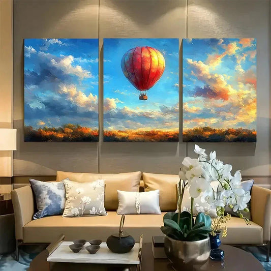3pcs Vibrant Hot Air Balloon with Sky View Metal Print Ready to Hang Art