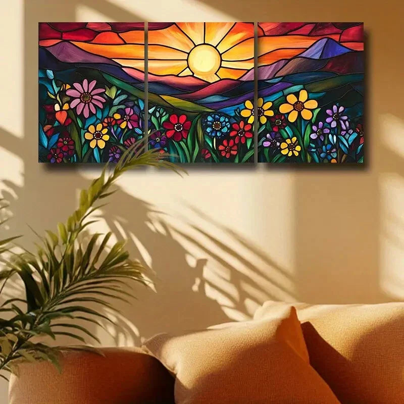 3pcs Vibrant Stained Glass Style Landscape Metal Print Ready to Hang Art