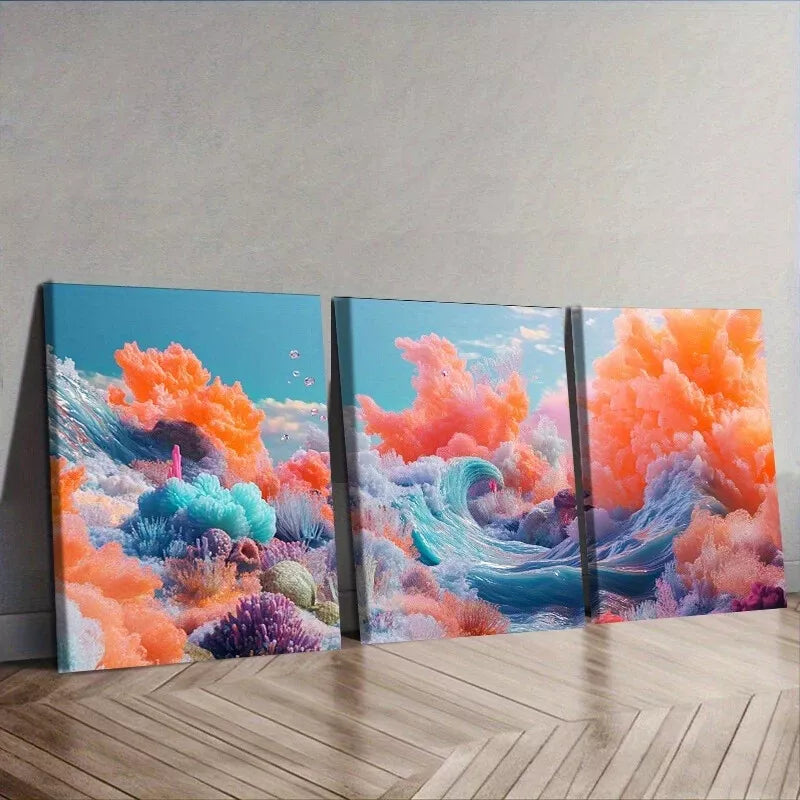 3pcs A Sea With Different Colors Of Sea Waves Wall Art Set Canvas Framed 40x60cm - High Quality Print 100% Australian Made Wall Canvas Ready to Hang