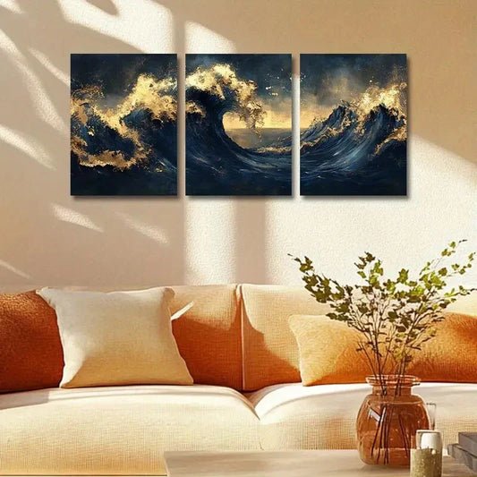 3pcs Majestic Sea Wave, Dark Blue & Golden Hues Metal Print Ready to Hang Art