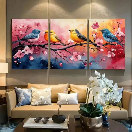 3pcs Vibrant Birds on a Tree in Soft Pastel Colors Metal Print Ready to Hang Art