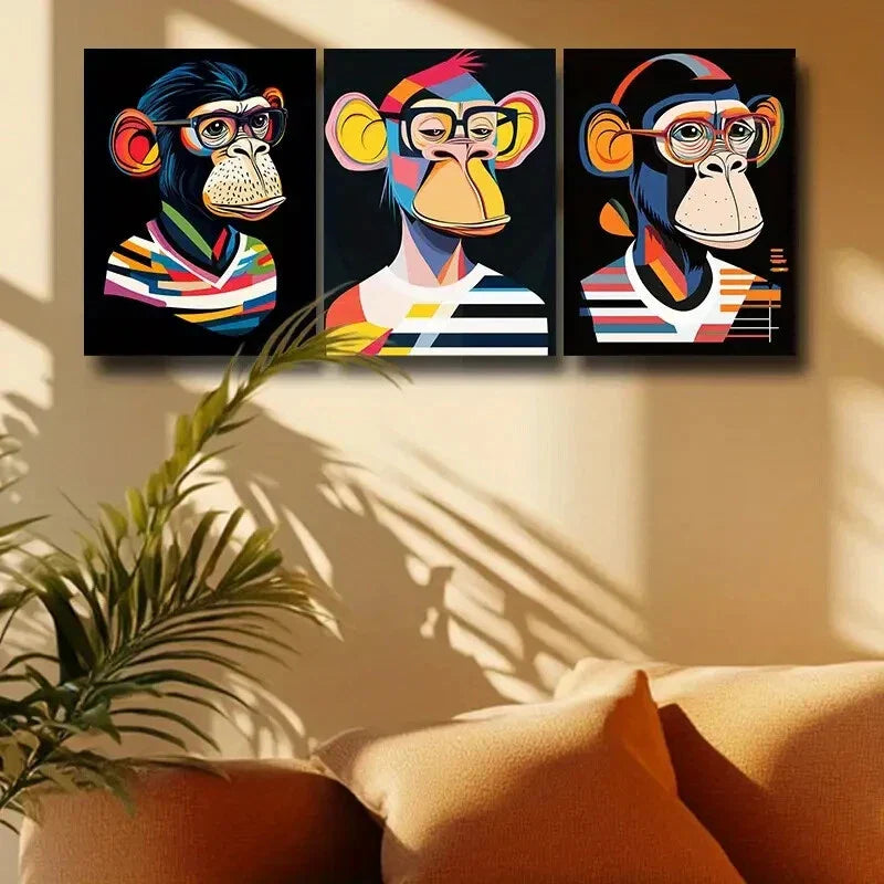 3pcs Featuring a Monkey Wearing Glasses Metal Print Ready to Hang Art